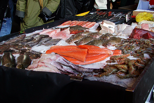 Table of fish at a market.